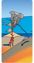 Colour graphic showing volcanic action above and below earth's crust Colour graphic showing volcanic action above and below earth's crust