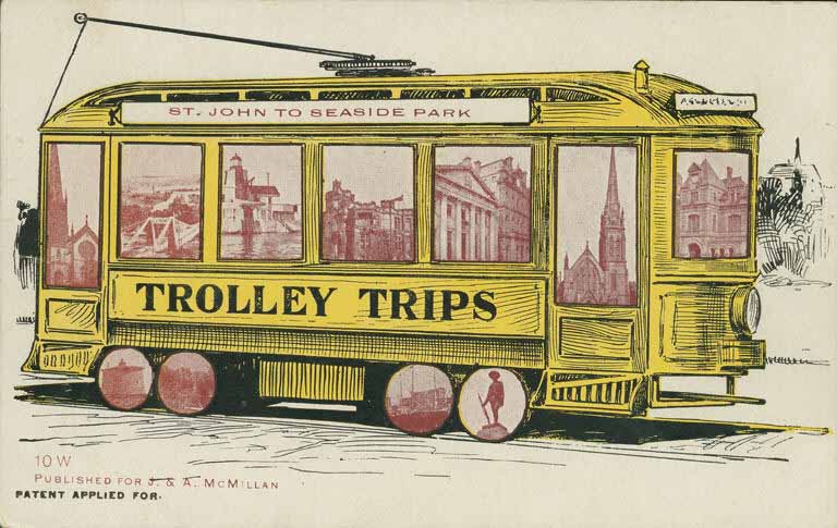 Dessin couleur d’un ancien tramway jaune qui porte l’indication St. John to Seaside Park
