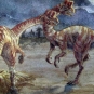 Watercolour painting of a two dinosaurs with the moon in the background