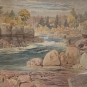 Watercolour painting of river flowing through and over rock ledges, cliffs and shoreline