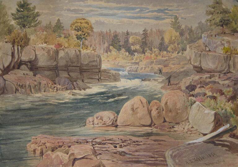 Aquarelle illustrant une rivière qui coule entre ou par-dessus des corniches rocheuses ainsi que des falaises et le rivage