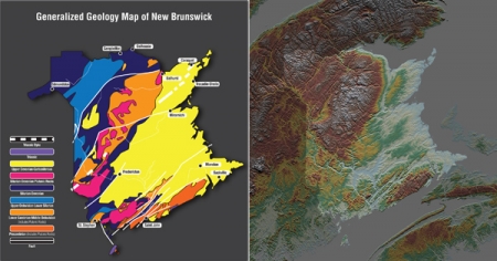 Geology and topographical maps of New Brunswick illustrating rock formations and rock types