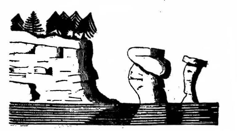 Black and white sketch of three rock formations