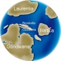 Image couleur du globe montrant le déplacement des continents Gondwana, Baltica, Laurentia, Brookville, Caledonia