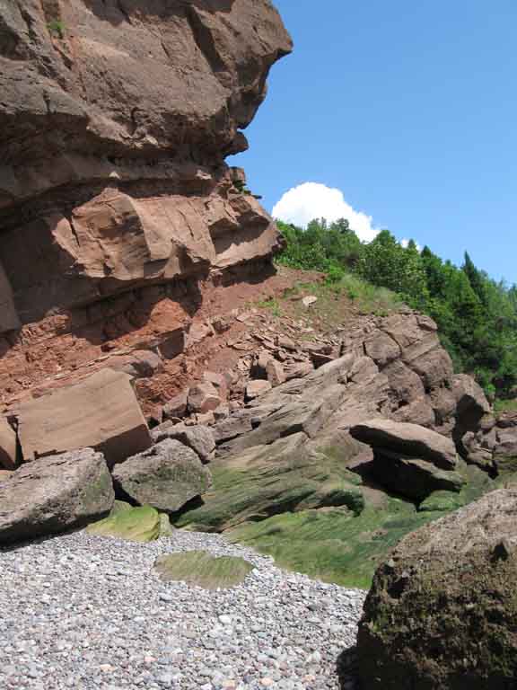 Photographie couleur d’une falaise en roche rouge avec, au pied, de gros blocs de roche