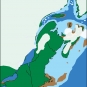 Colour image of eastern Canada showing changing position of ice age glaciers
