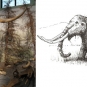 Double colour image of a brown skeleton standing in front of trees with a sketch of a mastodon