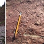 Triple colour image of red rock face, red rock with pencil for scale and fossilized prints in red rock