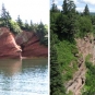 Double colour image of red rock face, water and caves and rock cliffs and ocean