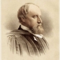 Black and white drawing of a man with a beard dressed in an academic robe